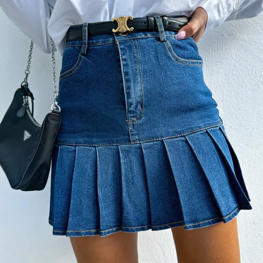 Pleated Skirt Women Vintage Denim Mini Skirts Washed Distressed Stretch High Waist Above Knee Spring Summer Y2k Jeans Streetwear