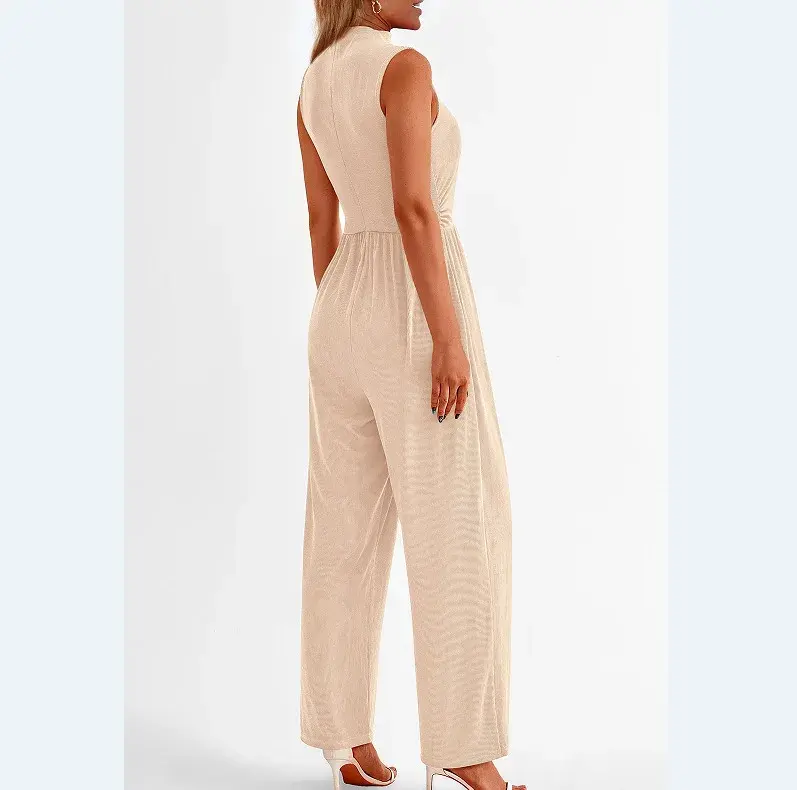 Women Jumpsuits One Piece O Neck Sleeveless Rompers Overalls Solid Wide Leg Pants Pockets High Waist Ankle Length Basics 2025