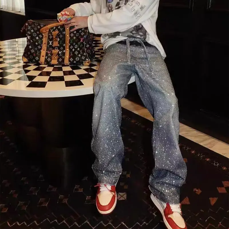 Men Wide Leg Pants Jeans Vintage Loose Women Trousers Straight Denim Mid Waist Lace Up Diamonds Punk Gothic 2025 Streetwear