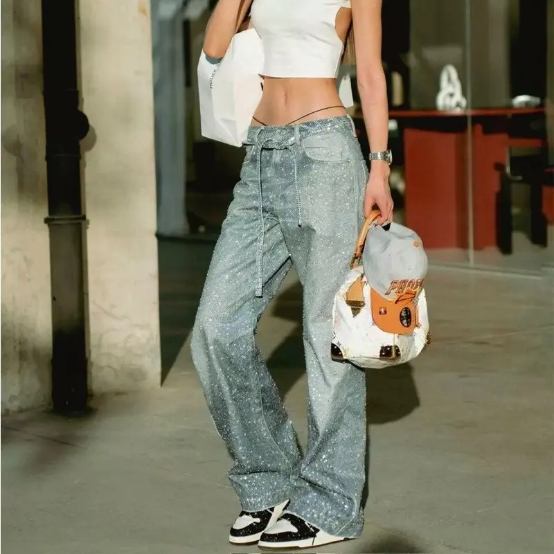 Men Wide Leg Pants Jeans Vintage Loose Women Trousers Straight Denim Mid Waist Lace Up Diamonds Punk Gothic 2025 Streetwear