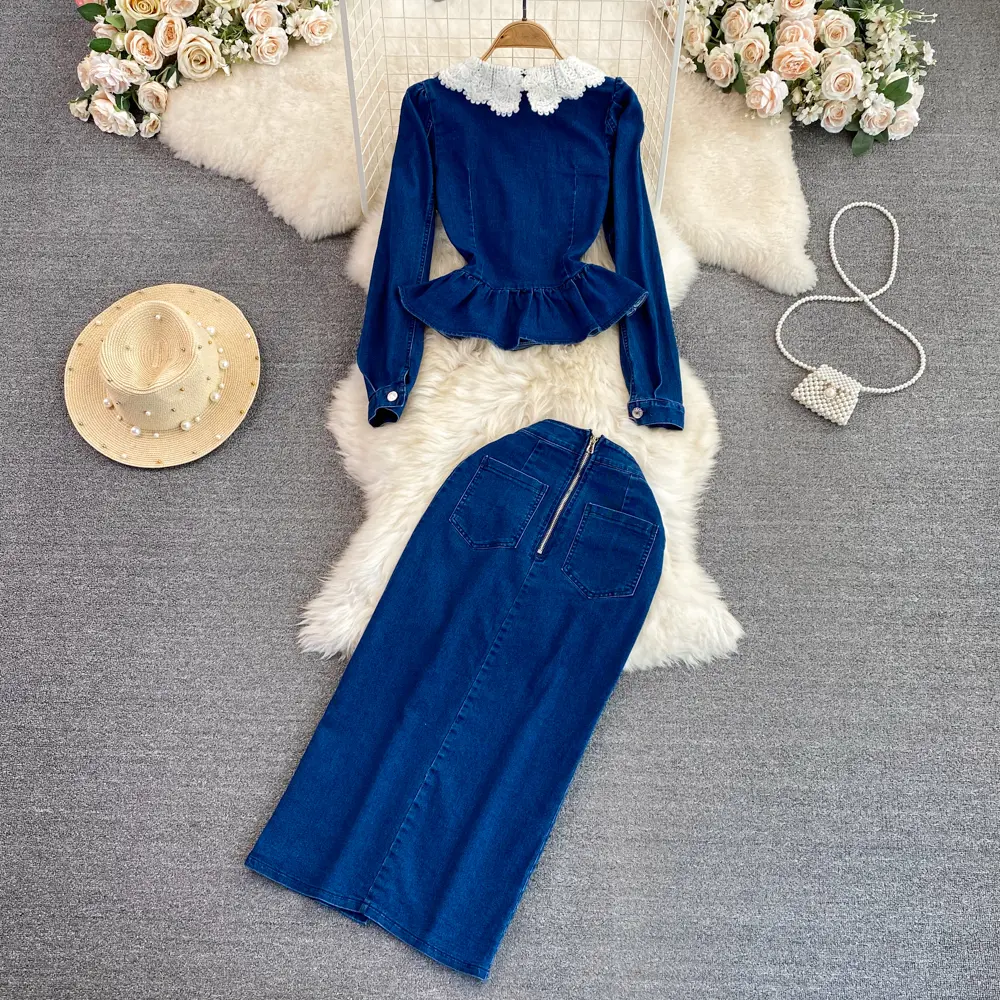 Denim Two Piece Sets Women Jacket Skirt Suit Long Skirts Coat Peter Pan Collar Dress Sets Outfits Washed Sweet Ensemble 2025