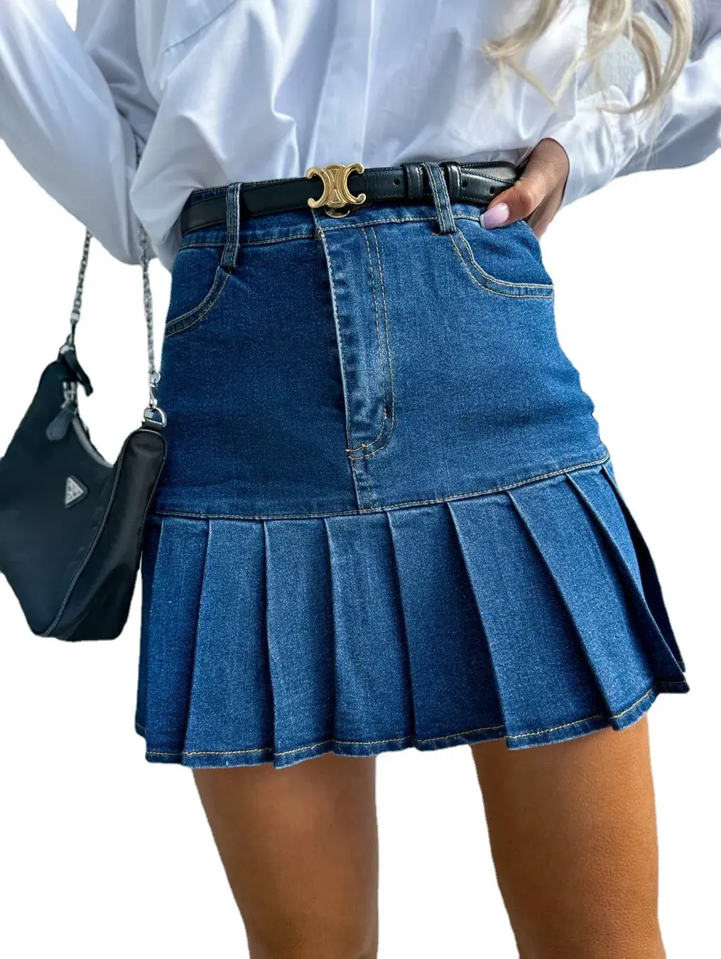 Pleated Skirt Women Vintage Denim Mini Skirts Washed Distressed Stretch High Waist Above Knee Spring Summer Y2k Jeans Streetwear