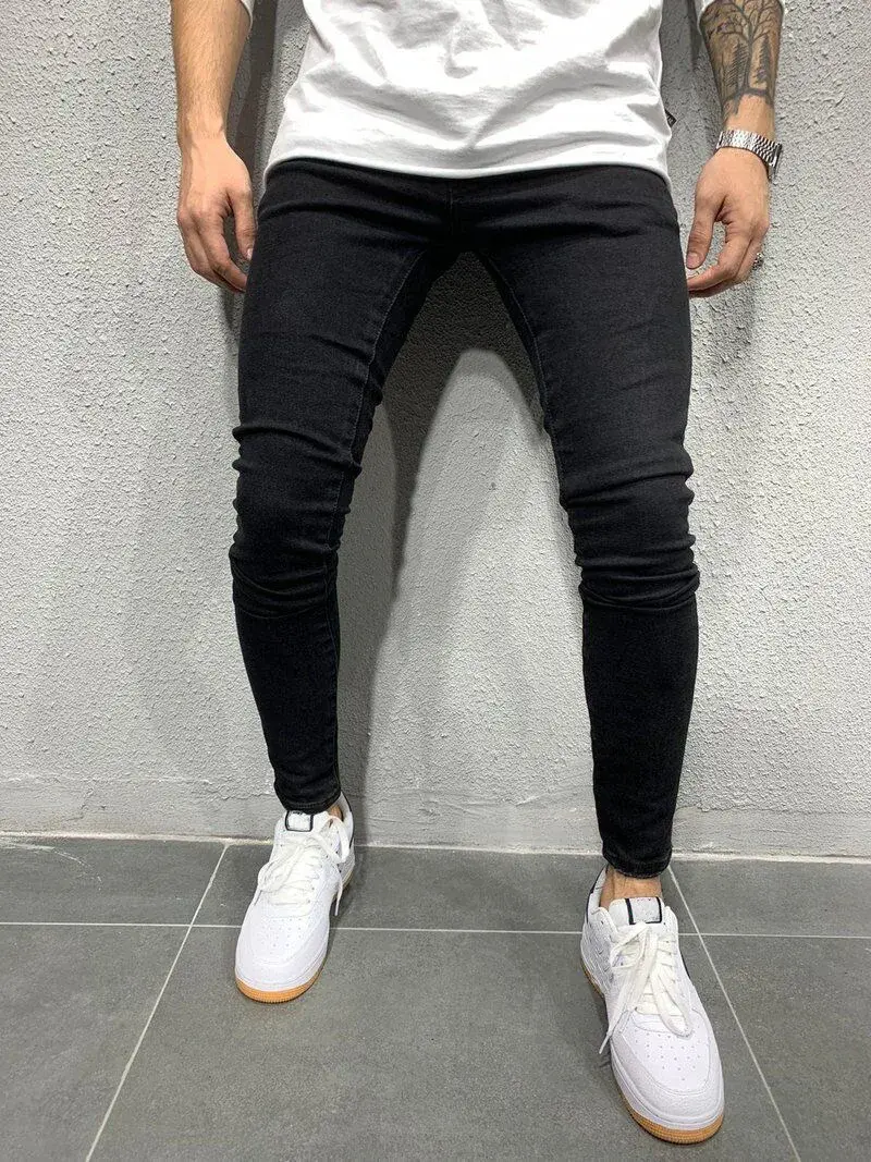 Men Jeans Denim Pencil Pants Sheath Ankle Length Washing Solid Slim Pockets Slight Strech Mid Waist High Street Y2k Streetwear