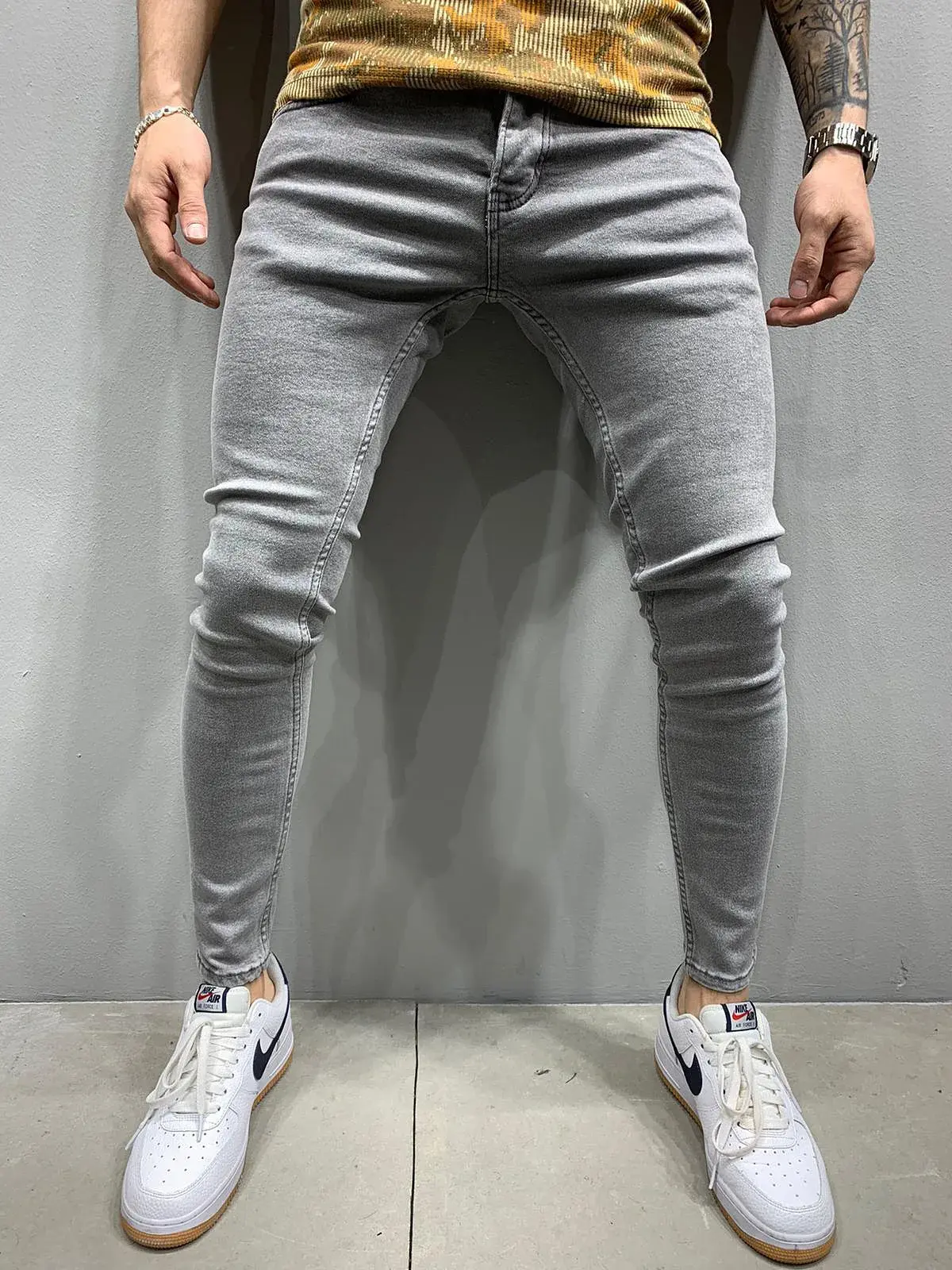 Men Jeans Denim Pencil Pants Sheath Ankle Length Washing Solid Slim Pockets Slight Strech Mid Waist High Street Y2k Streetwear