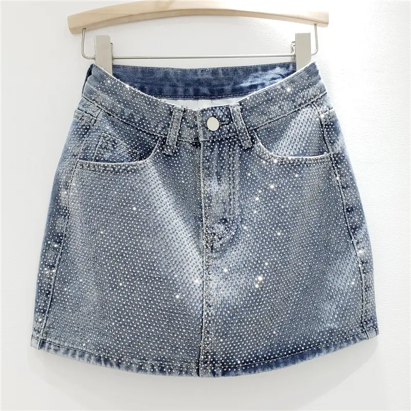 Denim Skirts Women Vintage Mini Skirt Diamonds High Waist Y2k Washed Distressed Pockets Punk A Line 2025 Summer Streetwear