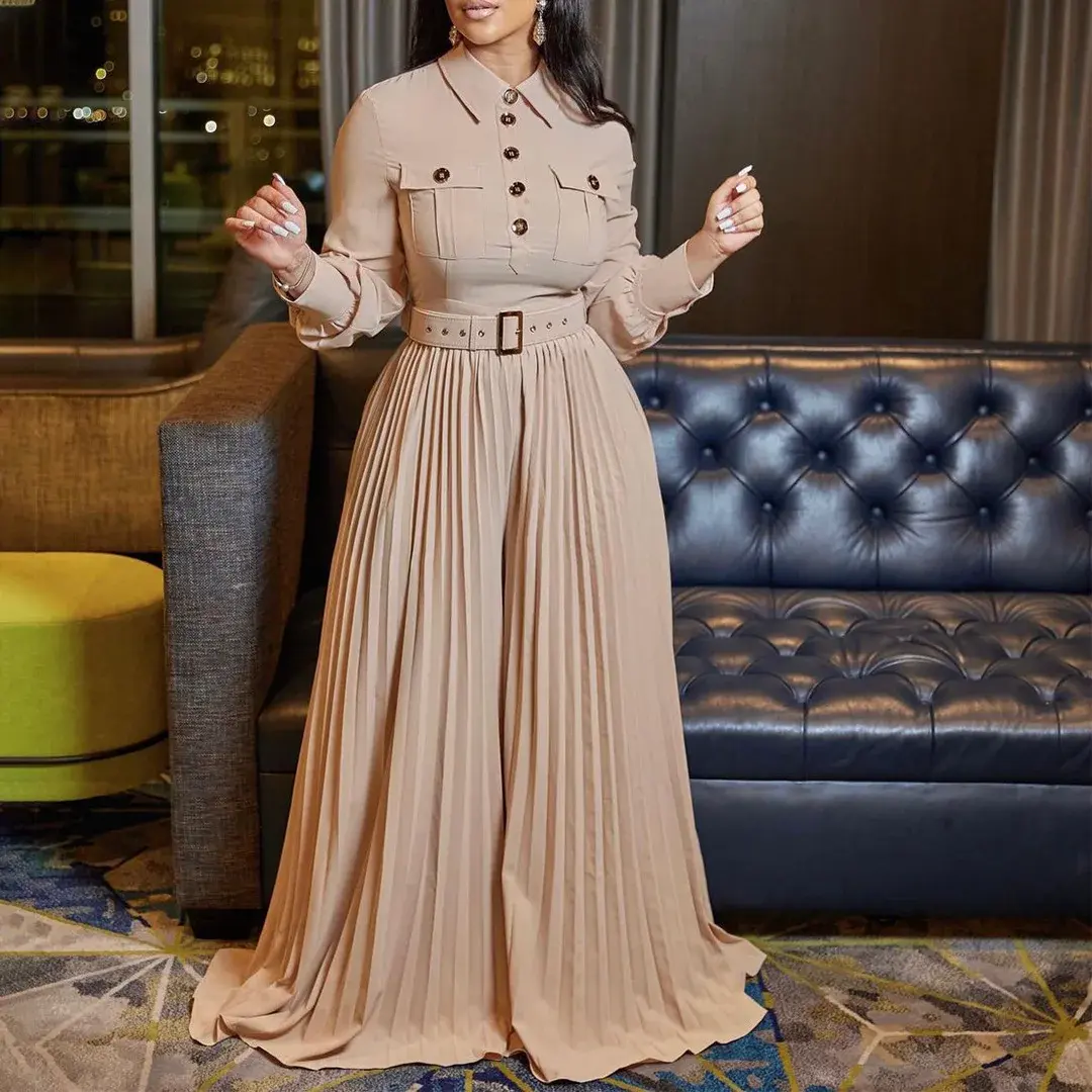 pleated Jumpsuits Women Single Breasted Long Sleeve Rompers Overalls Wide Leg Pants Spliced Sashes Slim Fit One Piece Button