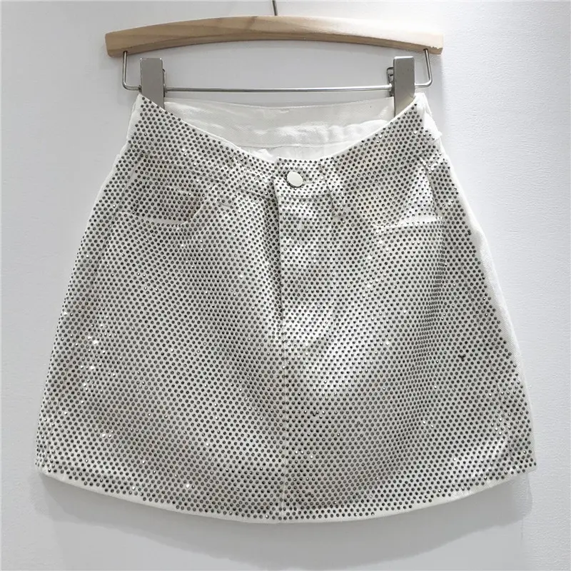 Denim Skirts Women Vintage Mini Skirt Diamonds High Waist Y2k Washed Distressed Pockets Punk A Line 2025 Summer Streetwear
