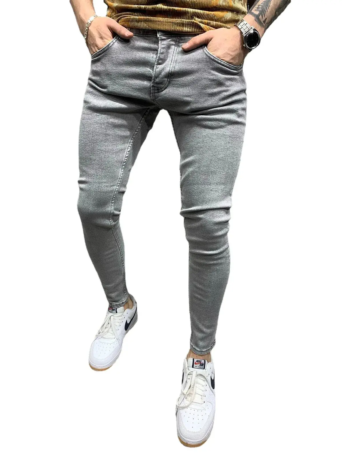Men Jeans Denim Pencil Pants Sheath Ankle Length Washing Solid Slim Pockets Slight Strech Mid Waist High Street Y2k Streetwear