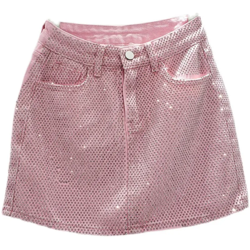 Denim Skirts Women Vintage Mini Skirt Diamonds High Waist Y2k Washed Distressed Pockets Punk A Line 2025 Summer Streetwear