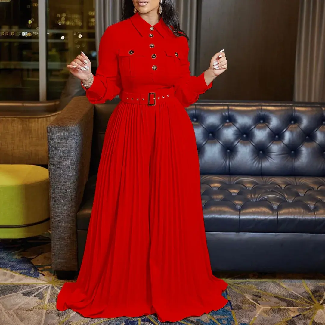 pleated Jumpsuits Women Single Breasted Long Sleeve Rompers Overalls Wide Leg Pants Spliced Sashes Slim Fit One Piece Button