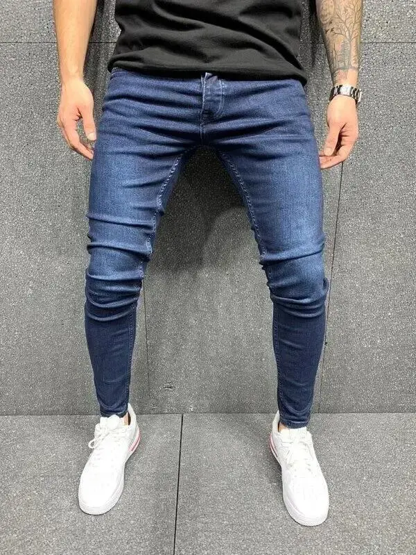 Men Jeans Denim Pencil Pants Sheath Ankle Length Washing Solid Slim Pockets Slight Strech Mid Waist High Street Y2k Streetwear