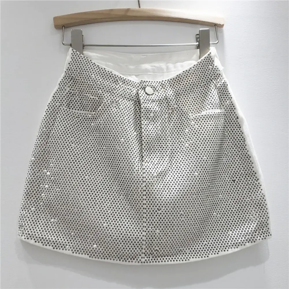 Denim Skirts Women Vintage Mini Skirt Diamonds High Waist Y2k Washed Distressed Pockets Punk A Line 2025 Summer Streetwear