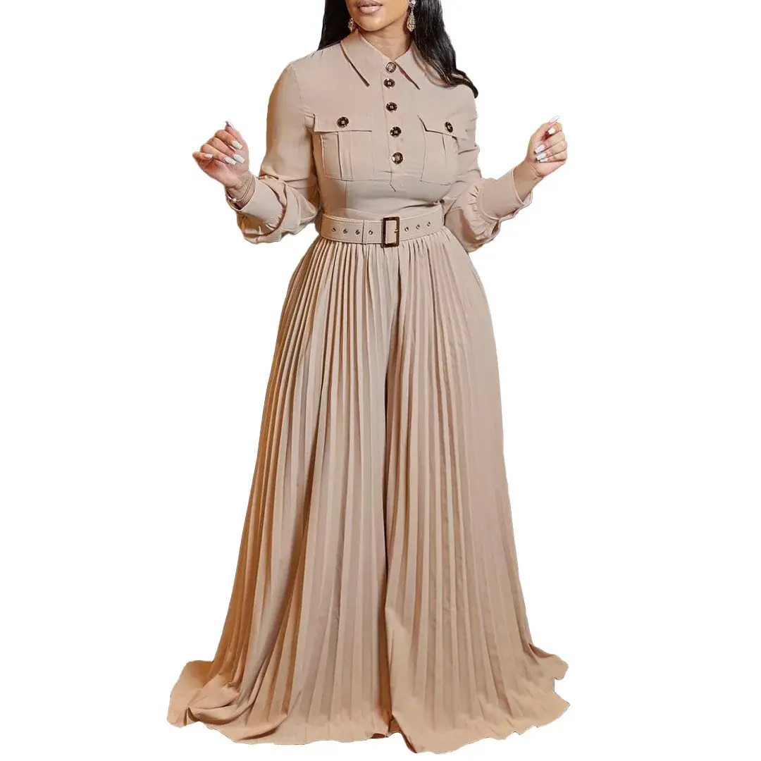 pleated Jumpsuits Women Single Breasted Long Sleeve Rompers Overalls Wide Leg Pants Spliced Sashes Slim Fit One Piece Button