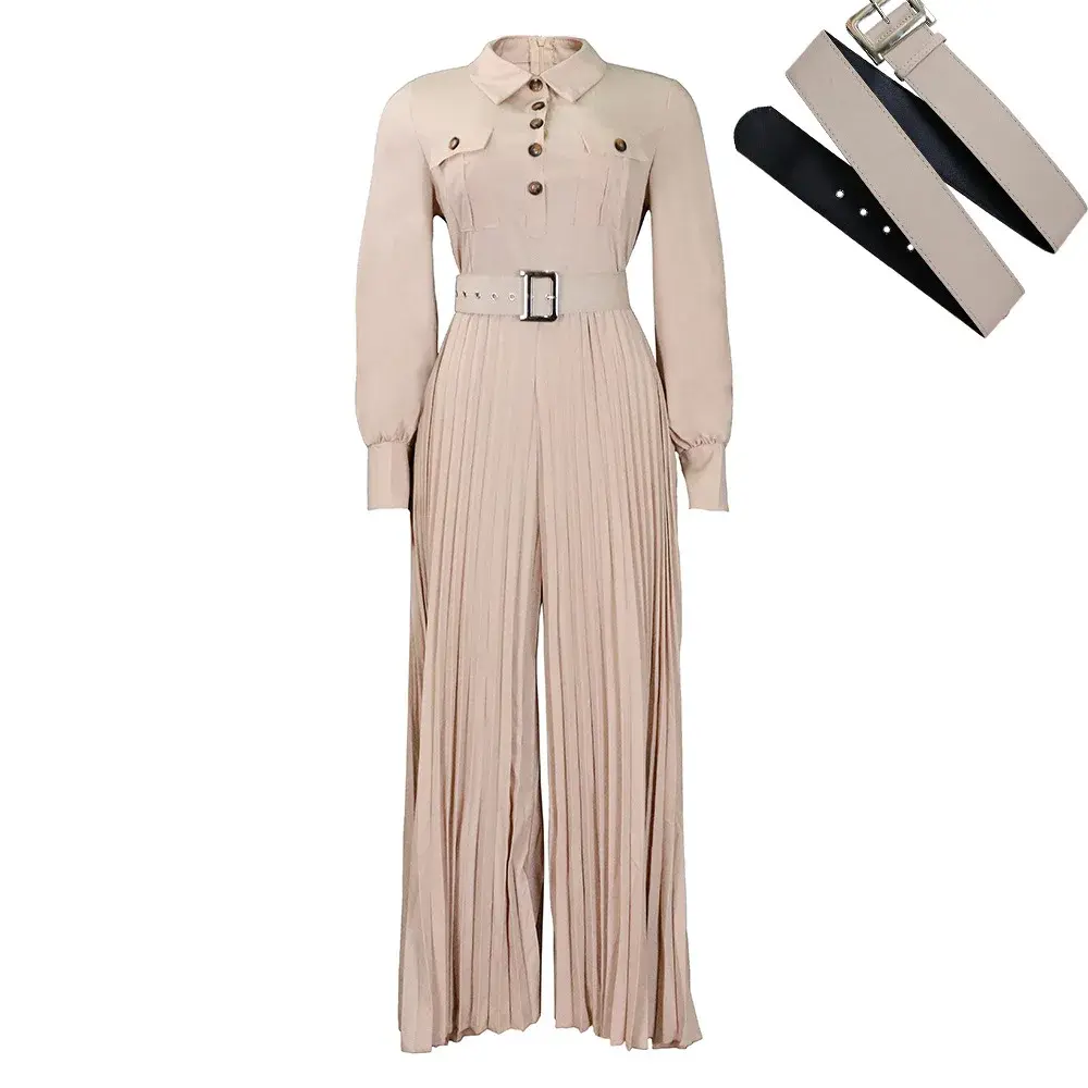 pleated Jumpsuits Women Single Breasted Long Sleeve Rompers Overalls Wide Leg Pants Spliced Sashes Slim Fit One Piece Button
