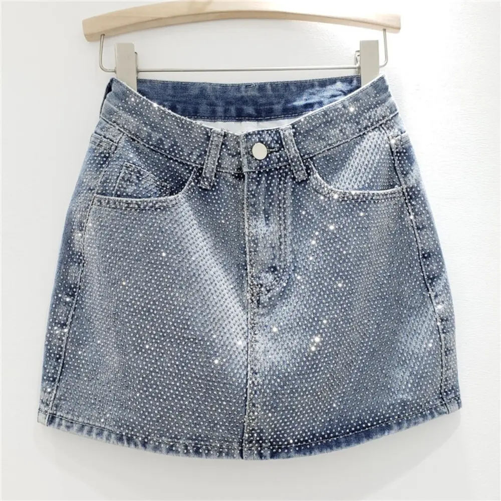 Denim Skirts Women Vintage Mini Skirt Diamonds High Waist Y2k Washed Distressed Pockets Punk A Line 2025 Summer Streetwear