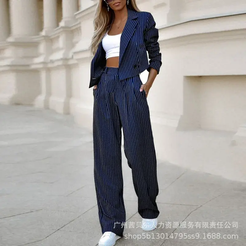 Women Tracksuit Two Pieces Set Long Sleeve Turn Down Collar Cardigan Wide Leg Pants Loose Fit Pockets Striped Office Lady