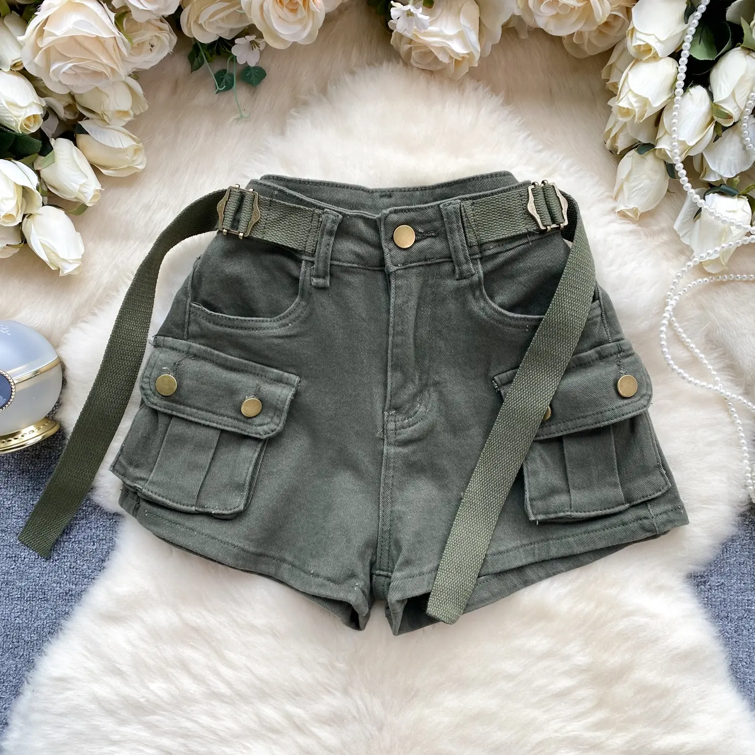 Denim Shorts Women Cargo Jeans High Waist Multiple Pockets Washed Distressed 2025 Summer Mom Streetwear Vintage Short Pants