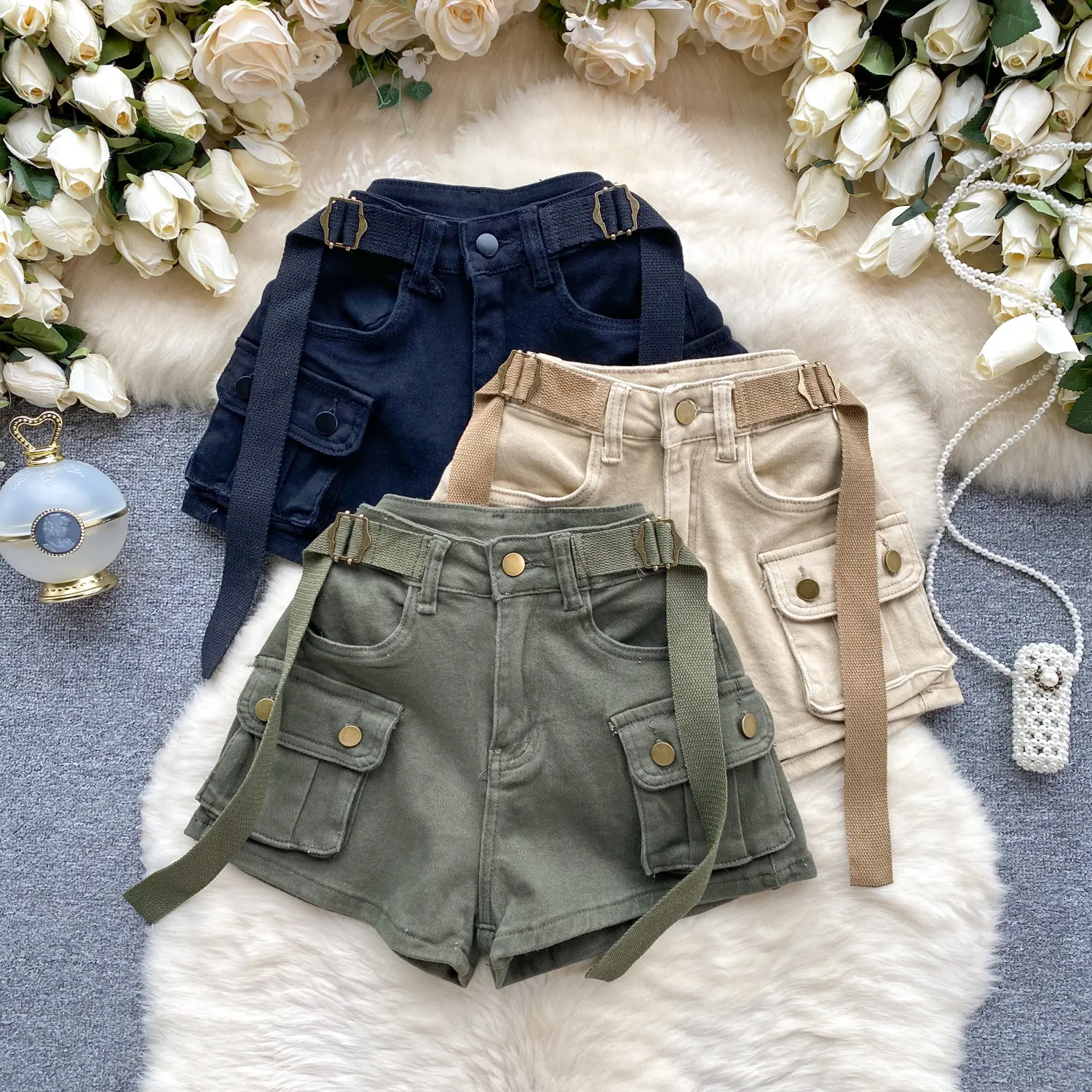 Denim Shorts Women Cargo Jeans High Waist Multiple Pockets Washed Distressed 2025 Summer Mom Streetwear Vintage Short Pants
