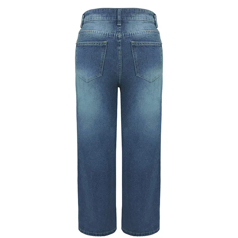 Women Jeans Solid Color Straight Pants Zipper Fly Flat Pockets Streetwear Loose Fit Mid Waist Patchwork Button Autumn 2023