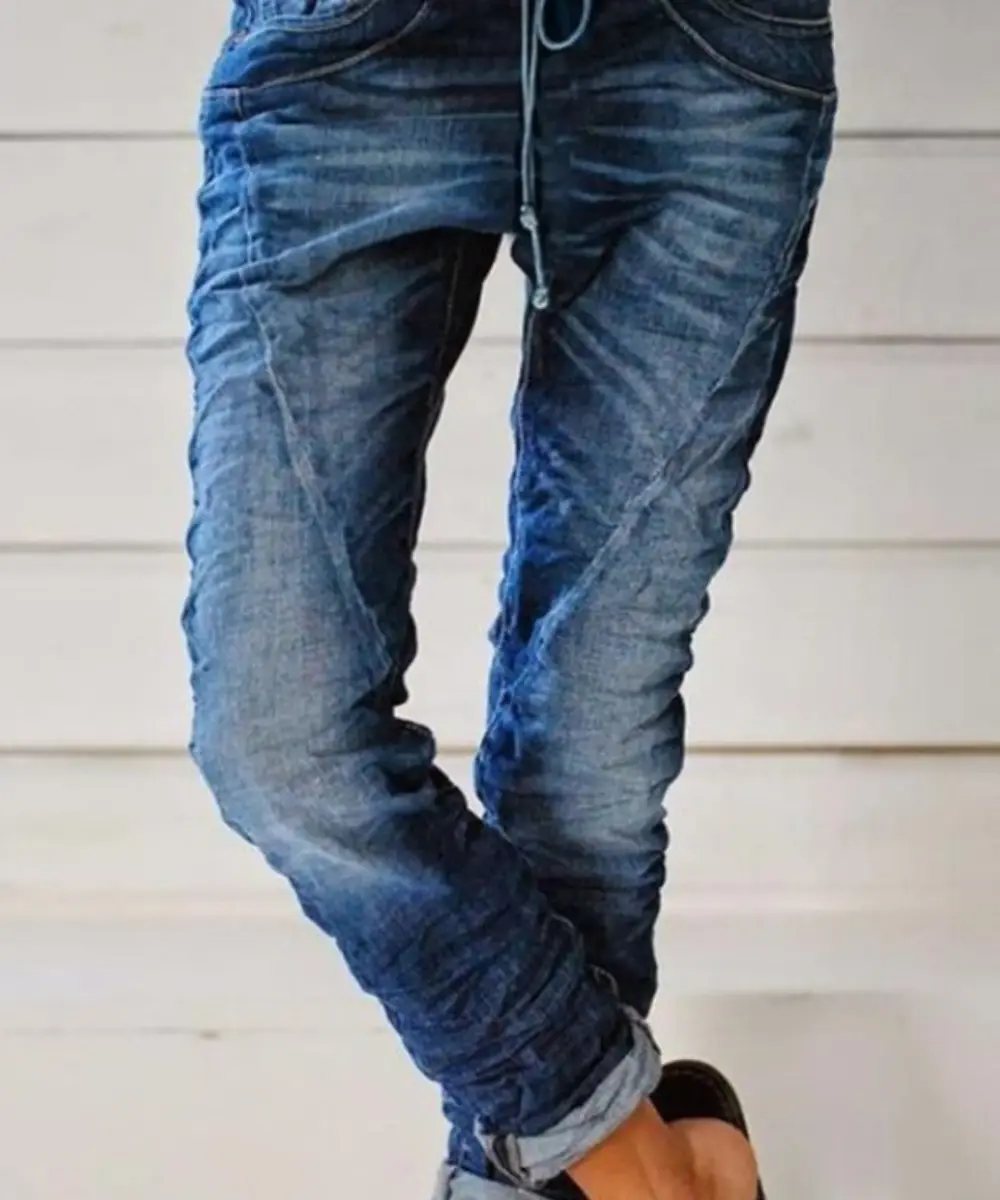 Women Jeans Pencil Pants Flat Elastic Waist Pockets High Streetwear Ankle Length Solid Color Lace Up Distressed Washed 2025
