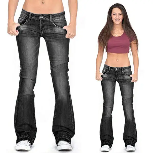Women Washed Jeans Flare Pants Denim Mid Waist Slim Fit Pockets Button Solid Colour Vintage Full Length Casual Denims Trousers
