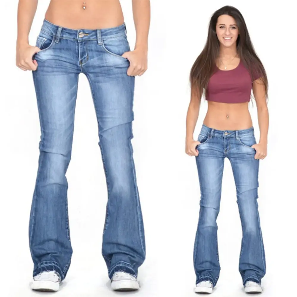 Women Washed Jeans Flare Pants Denim Mid Waist Slim Fit Pockets Button Solid Colour Vintage Full Length Casual Denims Trousers