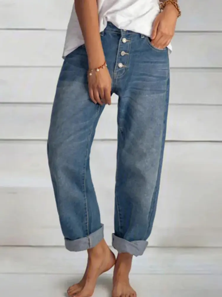 Women Jeans Solid Color Straight Pants Zipper Fly Flat Pockets Streetwear Loose Fit Mid Waist Patchwork Button Autumn 2023