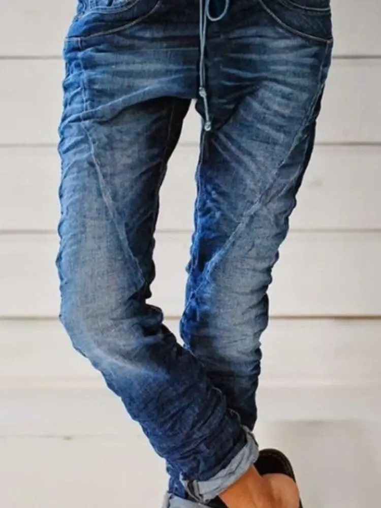 Women Jeans Pencil Pants Flat Elastic Waist Pockets High Streetwear Ankle Length Solid Color Lace Up Distressed Washed 2025