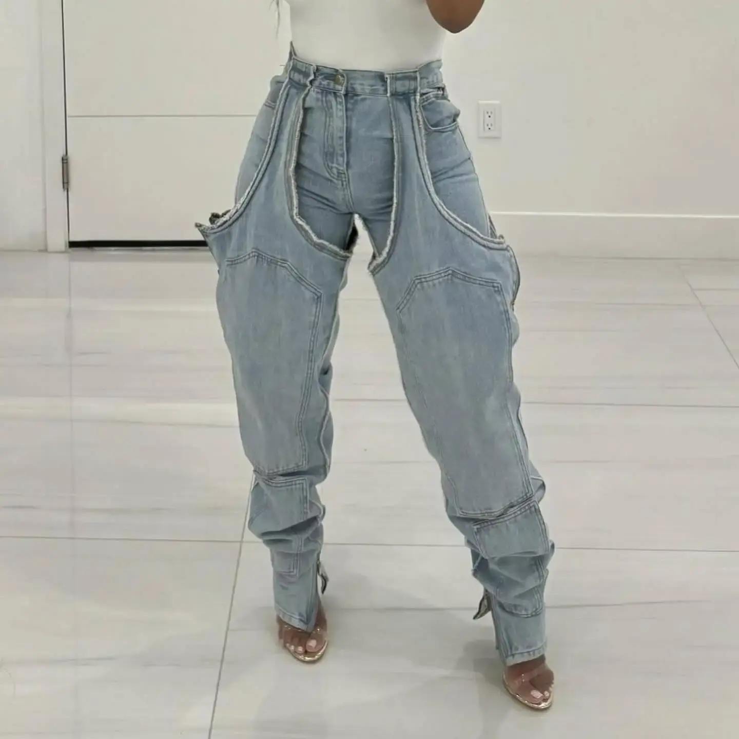 Mom Jeans Straight Pants Women Hollow Out Zipper High Strecth Pockets Irregular Denim Vintage Y2k 2025 Trousers Streetwear