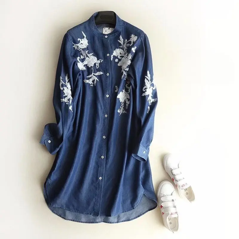 Denim Dress Women Shirt Dresses Vintage Flower Embroidery Single Breasted Round Collar Washed A Line 2025 Streetwear Vestidos