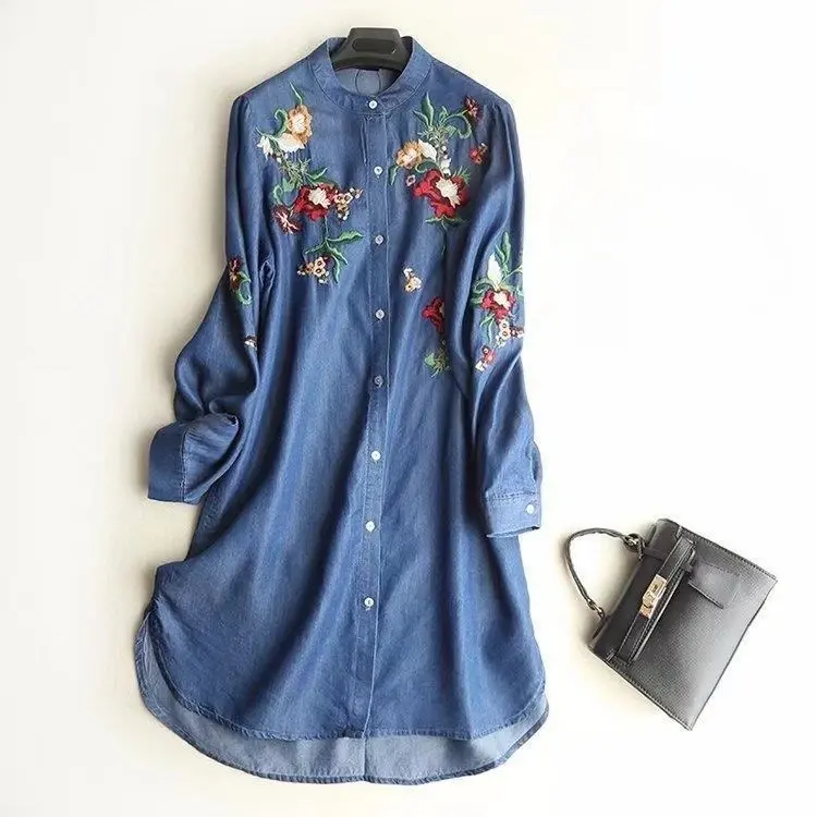 Denim Dress Women Shirt Dresses Vintage Flower Embroidery Single Breasted Round Collar Washed A Line 2025 Streetwear Vestidos