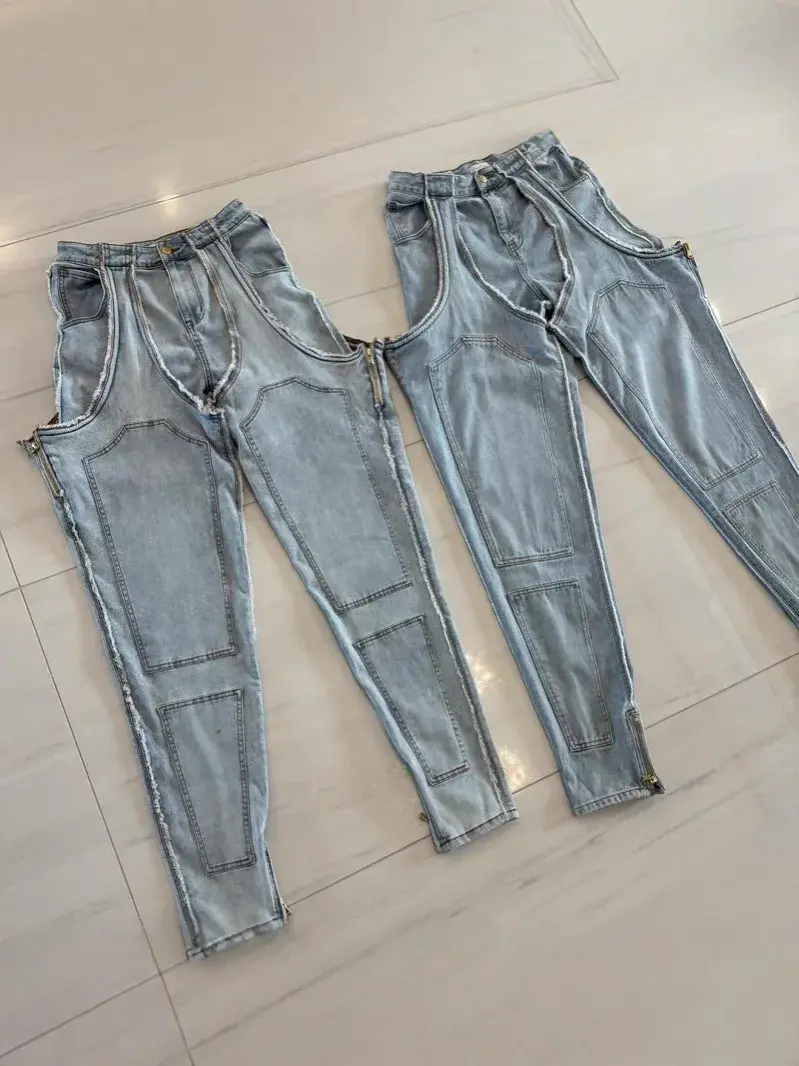 Mom Jeans Straight Pants Women Hollow Out Zipper High Strecth Pockets Irregular Denim Vintage Y2k 2025 Trousers Streetwear