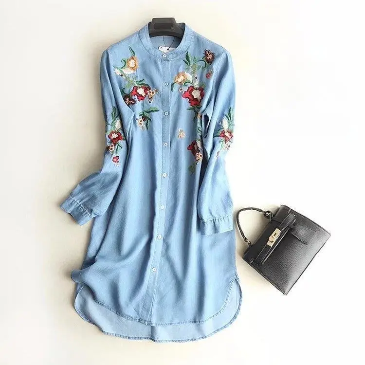 Denim Dress Women Shirt Dresses Vintage Flower Embroidery Single Breasted Round Collar Washed A Line 2025 Streetwear Vestidos