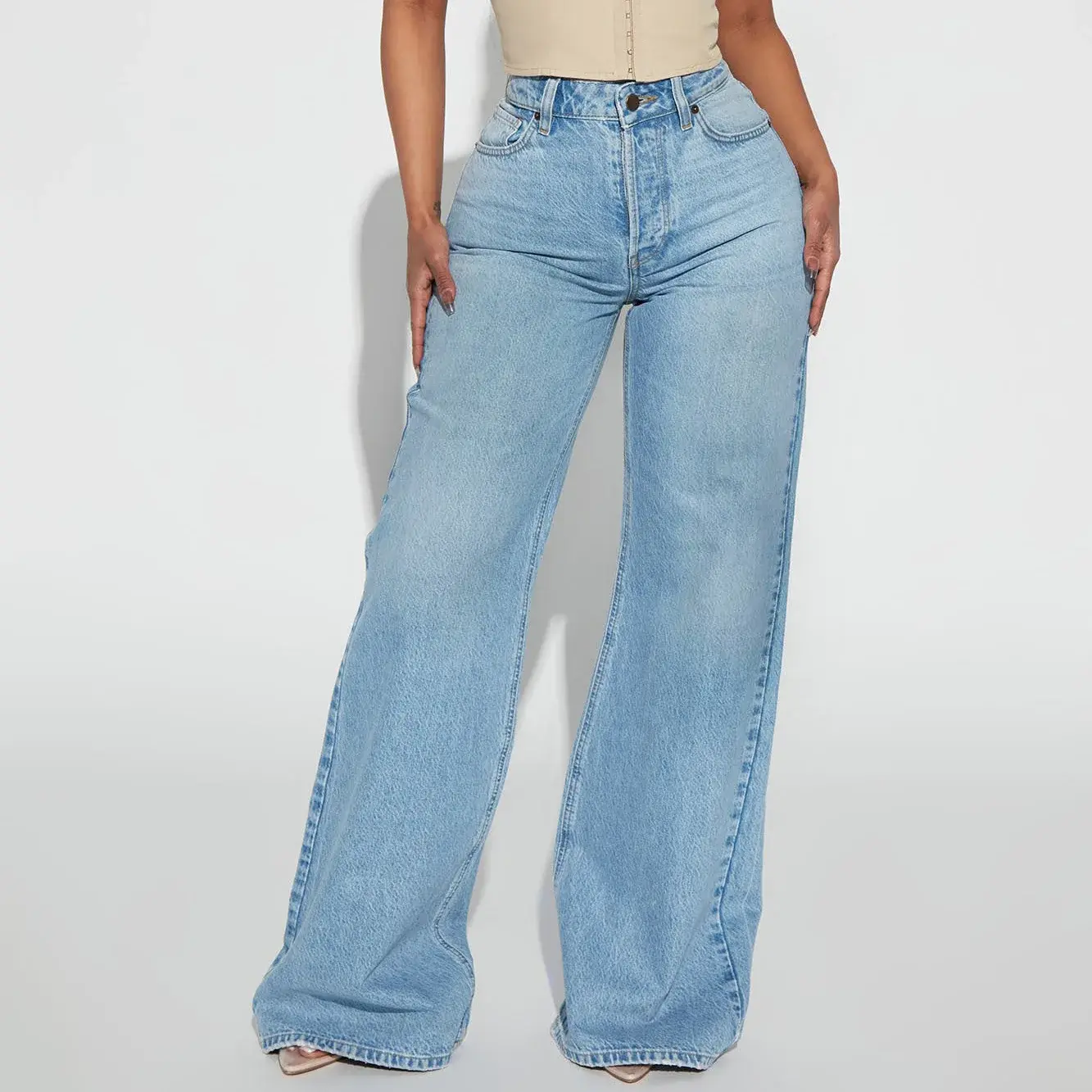 Jeans Wide Leg Pants Women Vintage Denims High Waist Mom Pocket Distressed Washed 2025 Streetwear Floor Length Straight Trousers