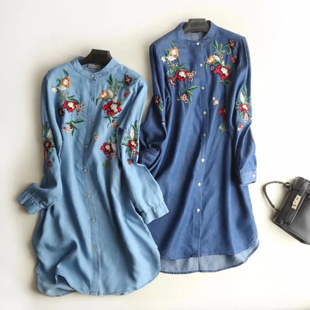 Denim Dress Women Shirt Dresses Vintage Flower Embroidery Single Breasted Round Collar Washed A Line 2025 Streetwear Vestidos