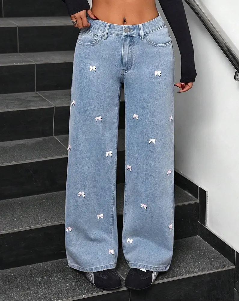 Denim Wide Leg Pants Women Mom Jeans Streetwear High Waist Bow Washed Distressed Straight Trousers Y2k Vintage Floor Length