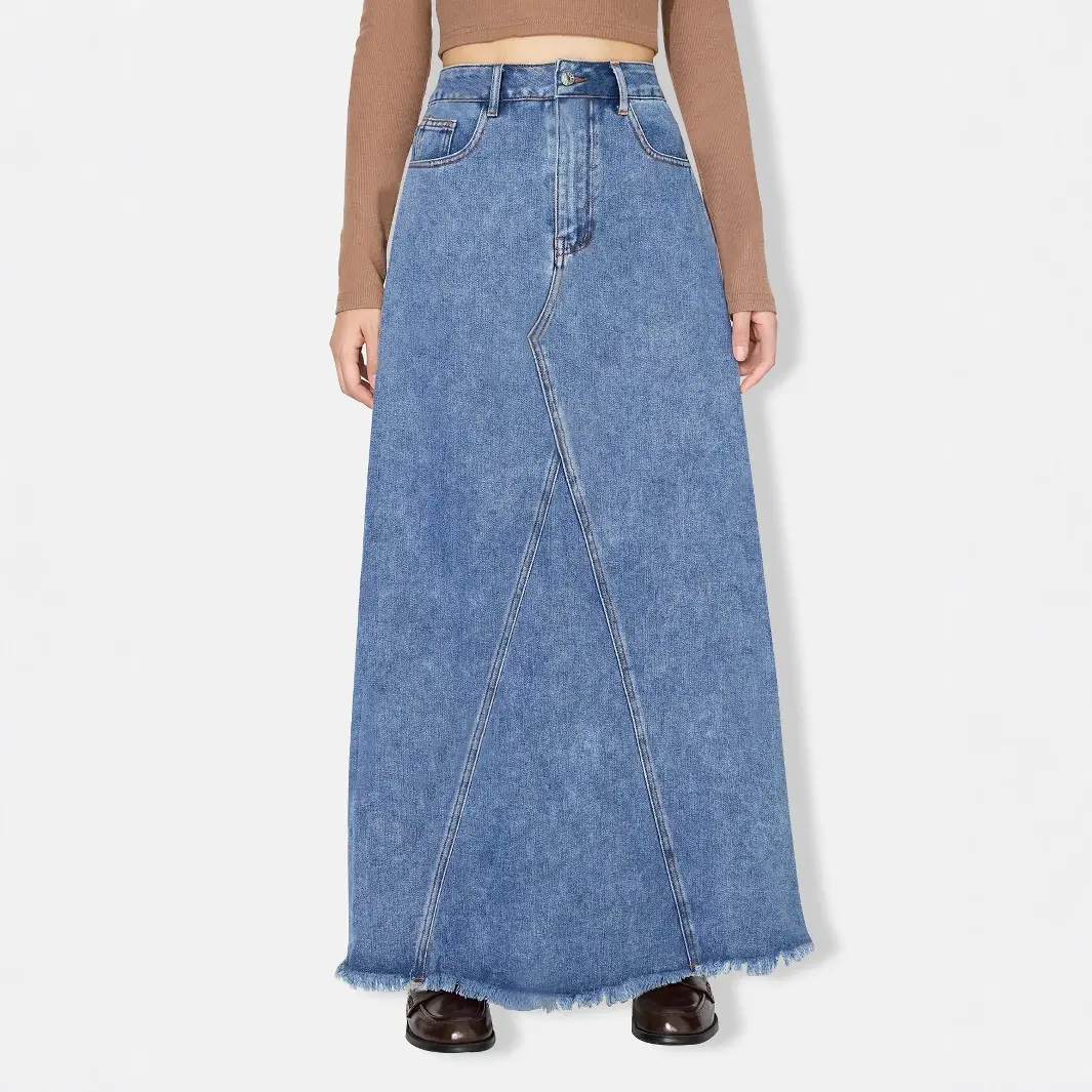 Denim Skirt Women Vintage Long Skirts High Waist Distressed Washed Button Pockets Summer Mom Jeans Y2k A Line Streetwear 2025