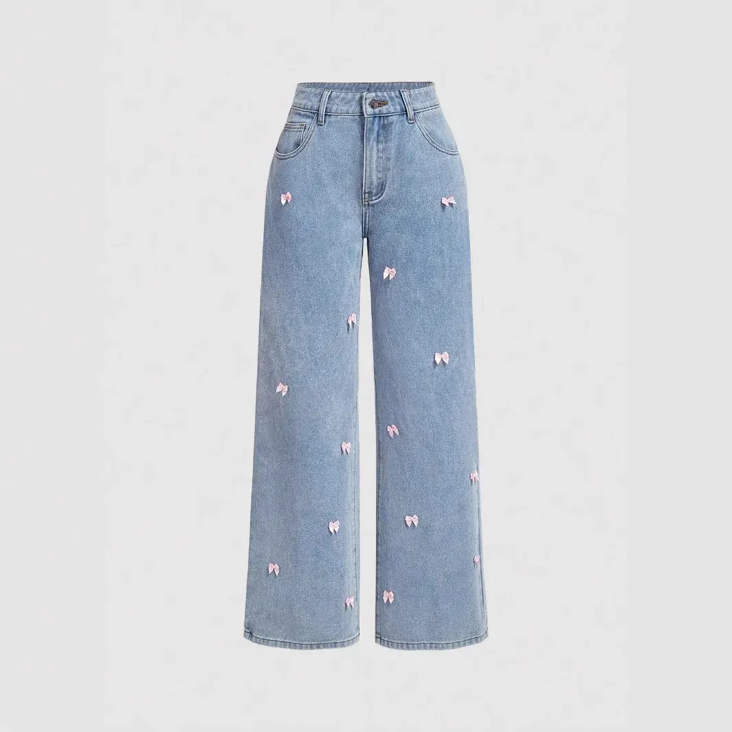 Denim Wide Leg Pants Women Mom Jeans Streetwear High Waist Bow Washed Distressed Straight Trousers Y2k Vintage Floor Length