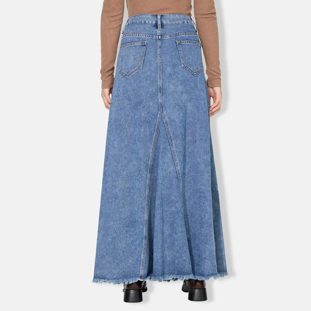 Denim Skirt Women Vintage Long Skirts High Waist Distressed Washed Button Pockets Summer Mom Jeans Y2k A Line Streetwear 2025