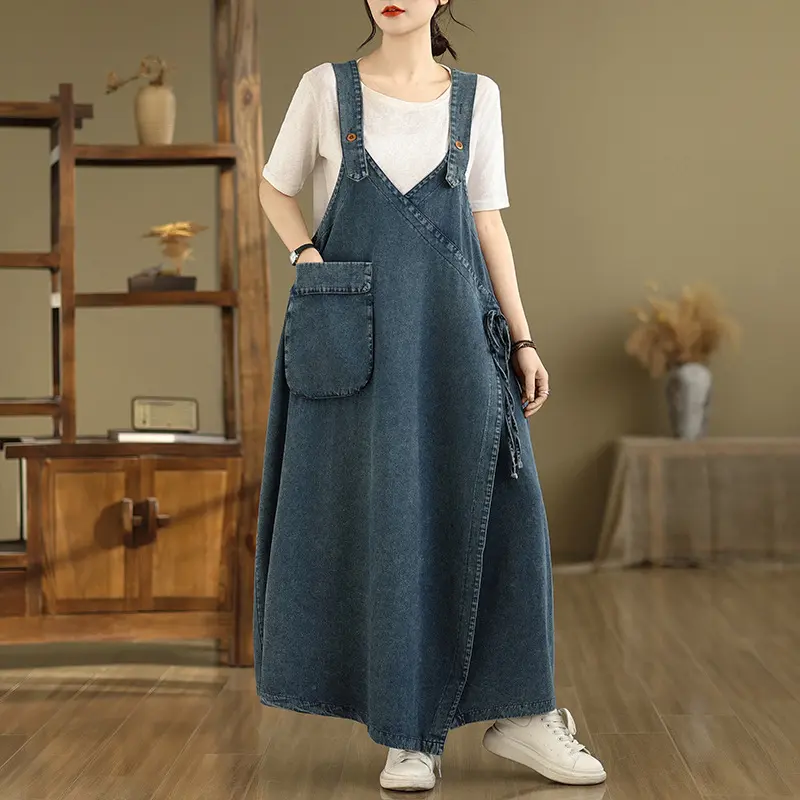 Suspenders Dress Women Denim Long Dresses Sling Sleeveless A Line Vestidos Streetwear Casual Loose Mom Jeans Y2k Summer 2025