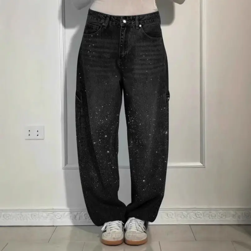 Mom Jeans Women Denim Pant Wide Leg Long Pants Hot Drilling High Waist Straight Trousers Y2k Streetwear Casual Punk Loose