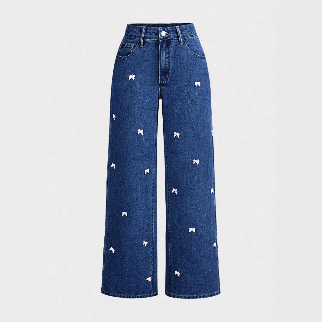 Denim Wide Leg Pants Women Mom Jeans Streetwear High Waist Bow Washed Distressed Straight Trousers Y2k Vintage Floor Length