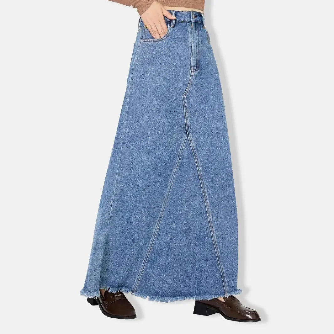 Denim Skirt Women Vintage Long Skirts High Waist Distressed Washed Button Pockets Summer Mom Jeans Y2k A Line Streetwear 2025
