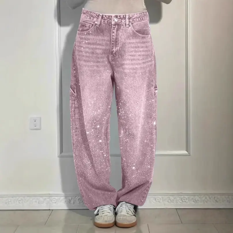 Mom Jeans Women Denim Pant Wide Leg Long Pants Hot Drilling High Waist Straight Trousers Y2k Streetwear Casual Punk Loose