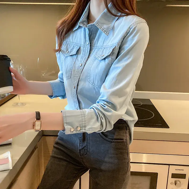 Women Blouses Single Breasted Button Turn Down Collar Denim Shirt Slim Pockets Slight Strech Basics Winter 2025 Solid Color