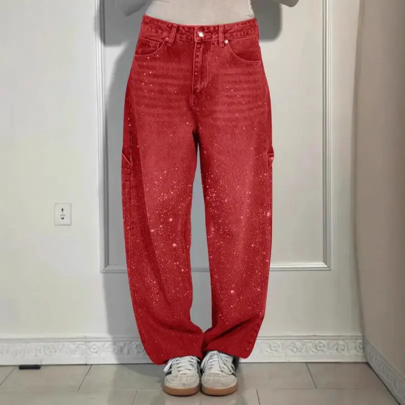 Mom Jeans Women Denim Pant Wide Leg Long Pants Hot Drilling High Waist Straight Trousers Y2k Streetwear Casual Punk Loose