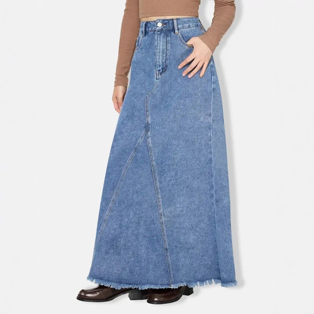 Denim Skirt Women Vintage Long Skirts High Waist Distressed Washed Button Pockets Summer Mom Jeans Y2k A Line Streetwear 2025