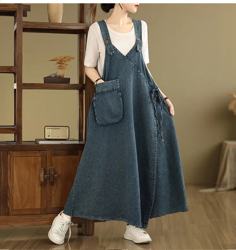 Suspenders Dress Women Denim Long Dresses Sling Sleeveless A Line Vestidos Streetwear Casual Loose Mom Jeans Y2k Summer 2025