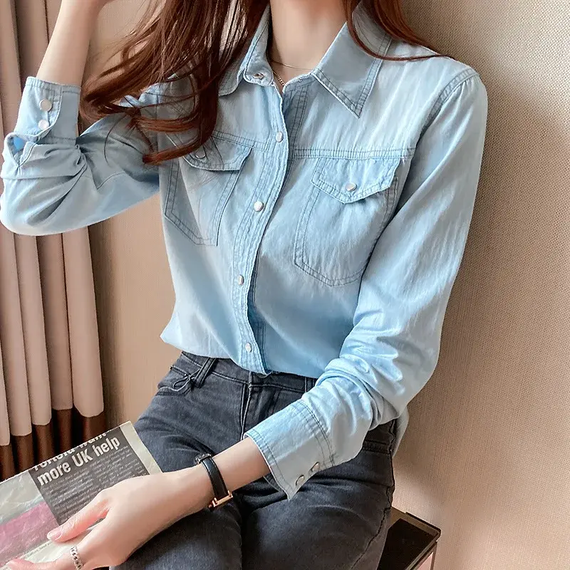 Women Blouses Single Breasted Button Turn Down Collar Denim Shirt Slim Pockets Slight Strech Basics Winter 2025 Solid Color
