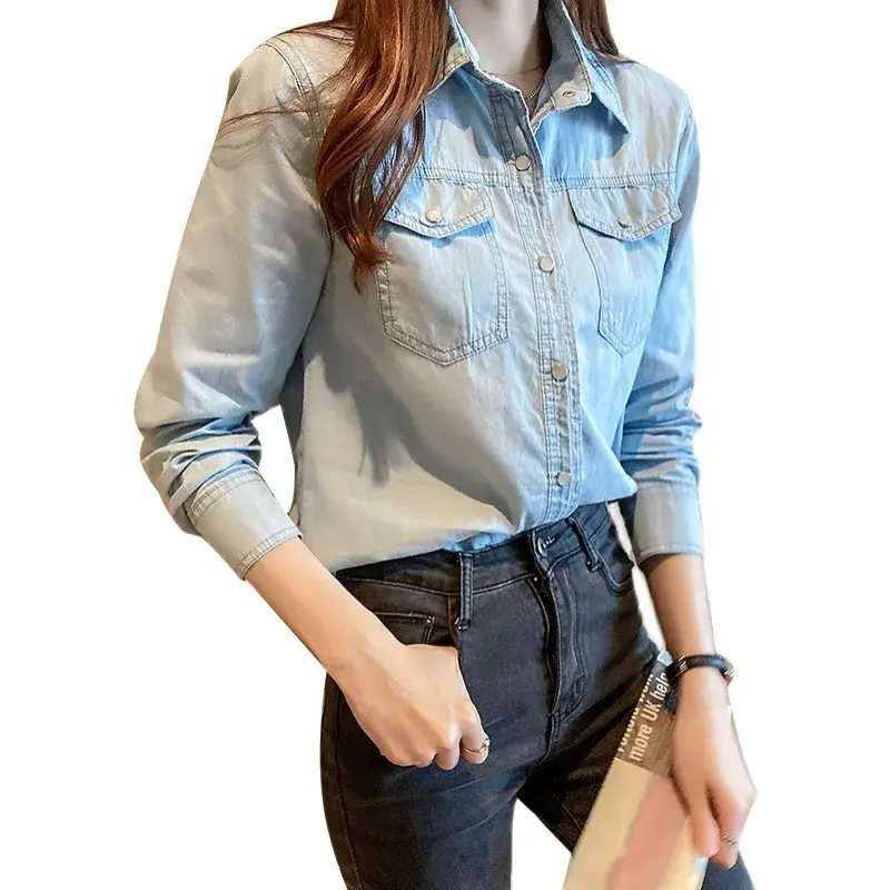 Women Blouses Single Breasted Button Turn Down Collar Denim Shirt Slim Pockets Slight Strech Basics Winter 2025 Solid Color